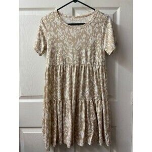 Oddy Tiered Boho Knee Length Dress Womens Small Tan White Splotchy